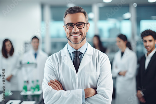 young man scientist wearing white coat and glasses with team of specialists on background