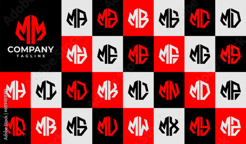 Set of line heptagon abstract letter M MM logo design