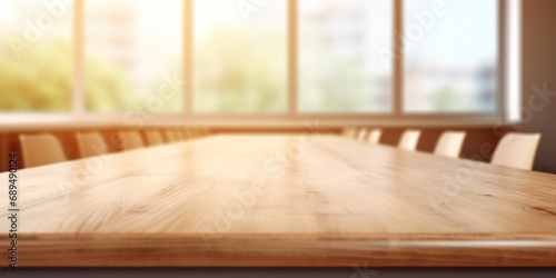 The wooden table top with blur background of classroom. Exuberant image. generative AI photo