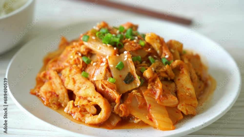 Korean Stir Fried pork belly with kimchi. Asian food style. Korean homemade food for lunch. Korean Stir Fried pork belly with kimchi. Asian food style. Korean homemade food for lunch.
