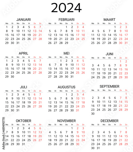 2024 dutch calendar. Printable, editable vector illustration for Dutch. 12 months year kalender