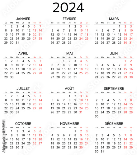 2024 french calendar. Printable  editable vector illustration for France. 12 months year calendrier