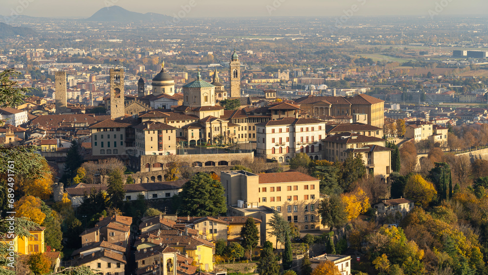 Bergamo. One of the beautiful city in Italy. Morning landscape at the old town from Saint Vigilio hill during fall season