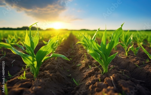 Rows of young corn plants g...