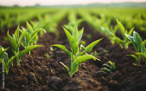 Rows of young corn plants g...