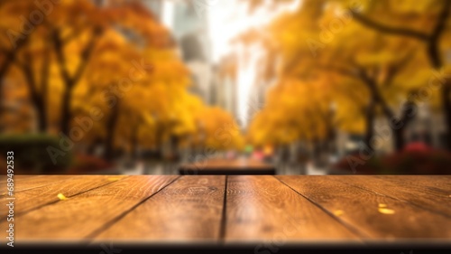 The empty wooden table top with blur background of business district and office building in autumn. Exuberant image. generative ai