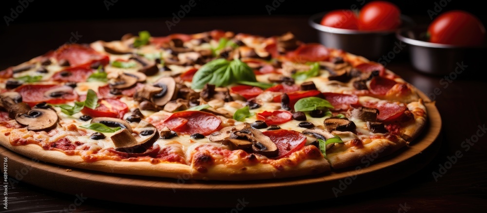 Close-up view of a delicious Italian pizza with mozzarella, tomatoes, bacon, mushrooms, and green onion.