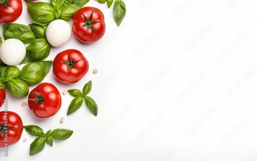 Fototapeta premium Tomatoes, basil and mozzarella cheese on a white background, top view