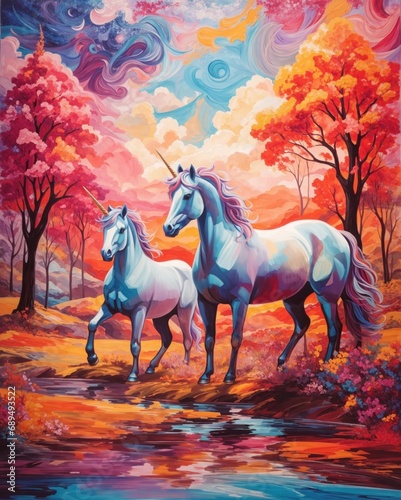 Pastel landscape with beautiful multi-colored Unicorns, pink and orange trees and swirling clouds - AI generative