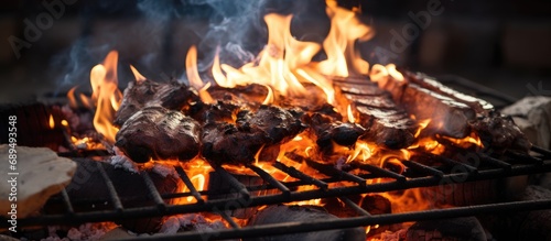 Cooking barbecue over burning firewood and coals.