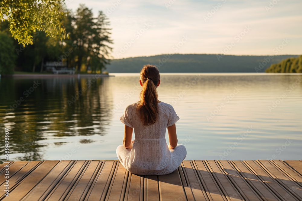 Woman sitting on the pier, meditation on a peaceful lakeside, yoga, spirituality