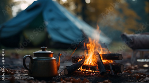 Camp fire with camping tent in a forest background, travel adventure concept
