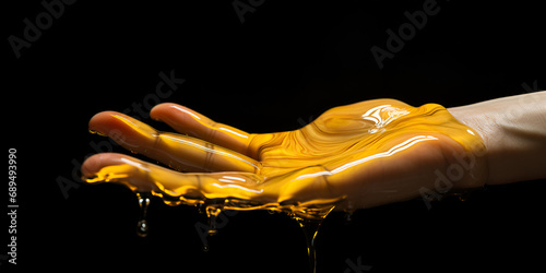 Hands dripped in color paint isolated on black, Vibrant Hands: Color Paint Drips on Black Background