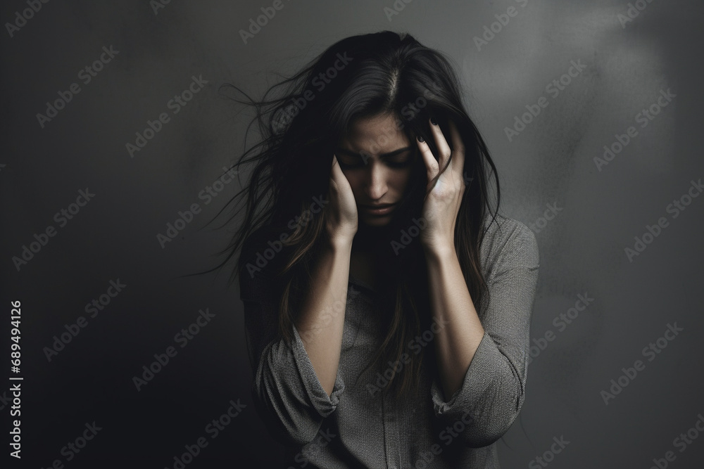 Depressed woman, dark background, mental health advertisement concept Depressed woman, dark background, mental health advertisement concept