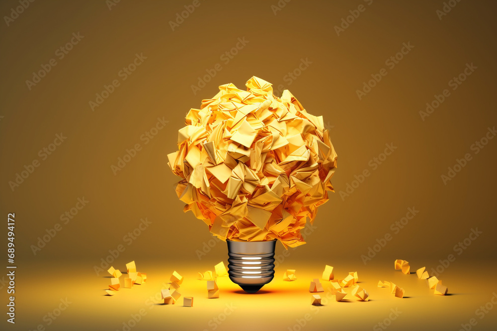 Light bulb made of yellow scrap paper ball, creative thinking concept - obrazy, fototapety, plakaty 