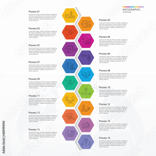 Infographic process design with icons and 16 options or steps.