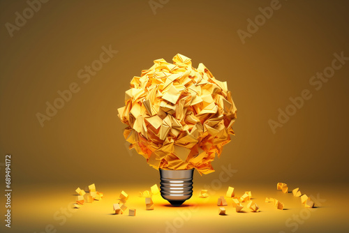 Light bulb made of yellow scrap paper ball, creative thinking concept photo