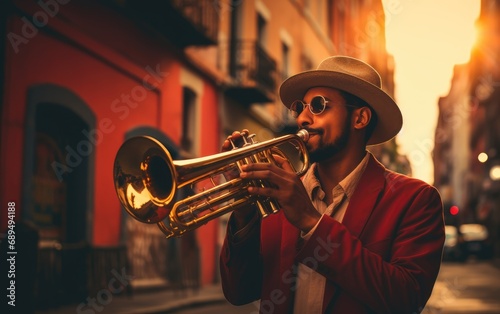 A trumpet player in a hat and playing a trumpet in a street photo