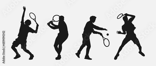 set of male tennis players silhouettes. various different poses, gestures. isolated on white background. vector illustration.