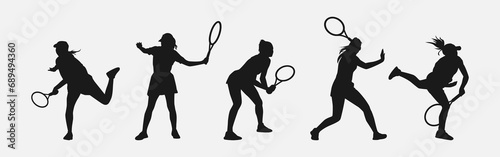 set of female tennis players silhouettes. various different poses, gestures. isolated on white background. vector illustration.