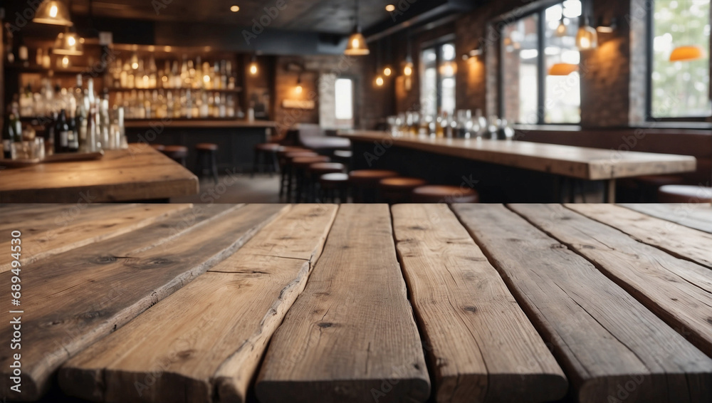 Empty wooden table and blurred background of a bar or pub. For displaying products.