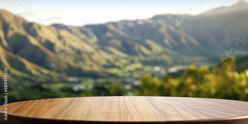 The empty wooden brown table top with blur background of New Zealand nature. Exuberant image. generative AI