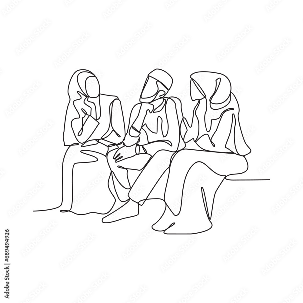 One continuous line drawing of a man is discussing with his wife and daughter in the living room vector illustration. Family activity illustration simple linear style vector design concept. One continuous line drawing of a man is discussing with his wife and daughter in the living room vector illustration. Family activity illustration simple linear style vector design concept.
