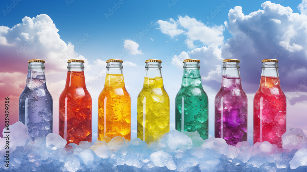 Bottles of vivid, refreshing water arranged beautifully in a captivating display Bottles of vivid, refreshing water arranged beautifully in a captivating display