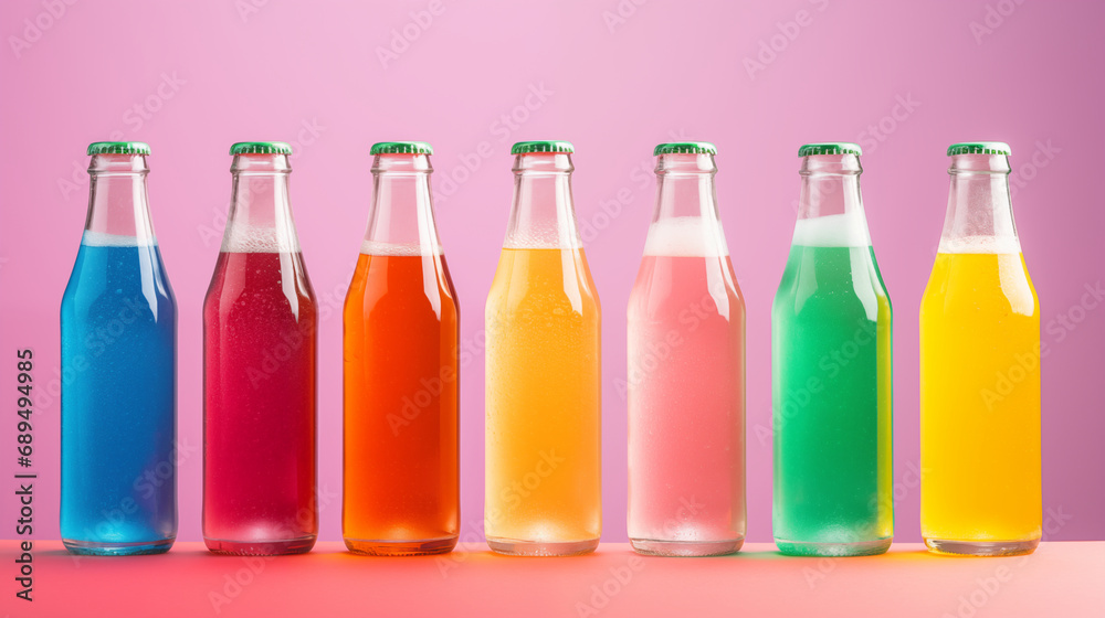 Bottles of vivid, refreshing water arranged beautifully in a captivating display Bottles of vivid, refreshing water arranged beautifully in a captivating display