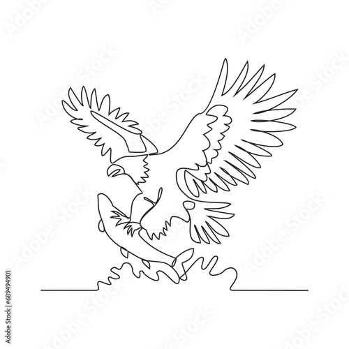 One continuous line drawing of an eagle is preying on fish in the sea vector illustration. wild animal illustration simple linear style vector concept. wild animal vector activity for asset design.