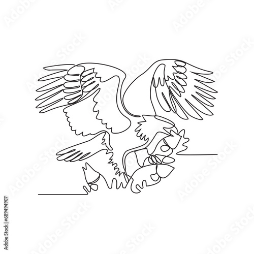 One continuous line drawing of an eagle is preying on fish in the sea vector illustration. wild animal illustration simple linear style vector concept. wild animal vector activity for asset design.