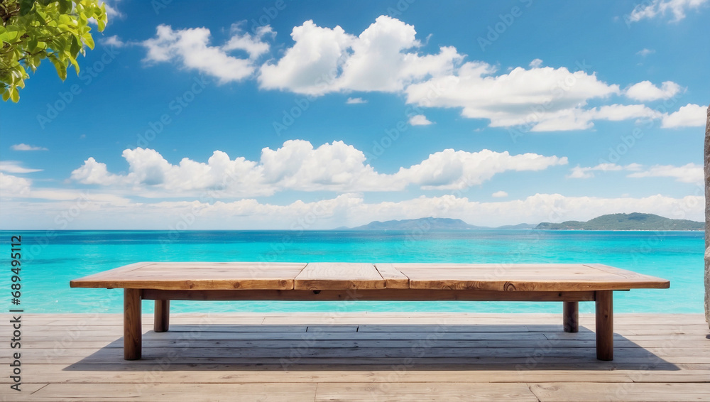 Wooden table on the background of the sea, island and bright blue sky. Wooden table on the background of the sea, island and bright blue sky.