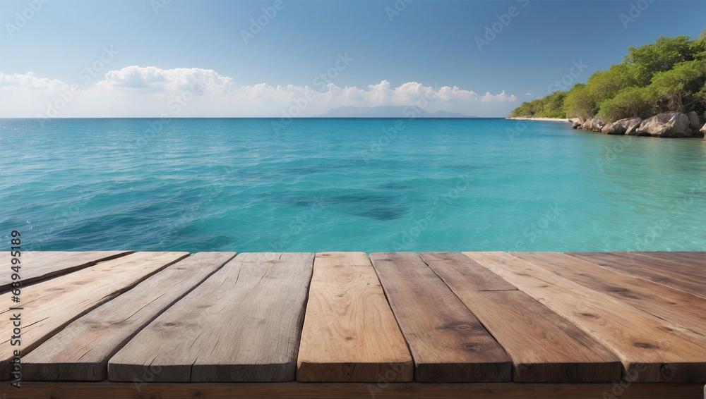 Wooden table on the background of the sea, island and bright blue sky.