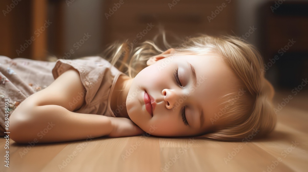 Cute europe's little girl lying on floor sleeping with closed eyes in light brown color background generative ai Cute europe's little girl lying on floor sleeping with closed eyes in light brown color background generative ai