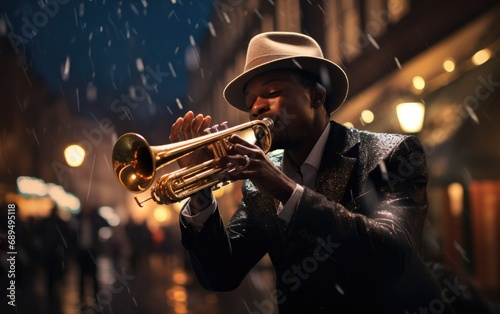A trumpet player in a hat and playing a trumpet in a street photo