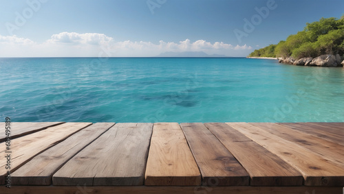 Wooden table on the background of the sea, island and bright blue sky. © 9KHOU
