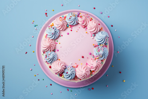 Top View Pink Birthday Cake on Solid Pastel Blue Tabletop