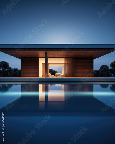 Evening photo of a modern villa with infinity pool