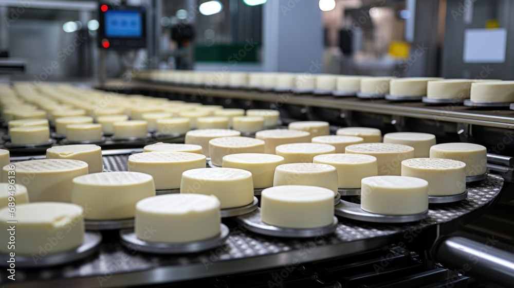 Industrial production of hard round cheeses. Closeup production line. Industrial production of hard round cheeses. Closeup production line.