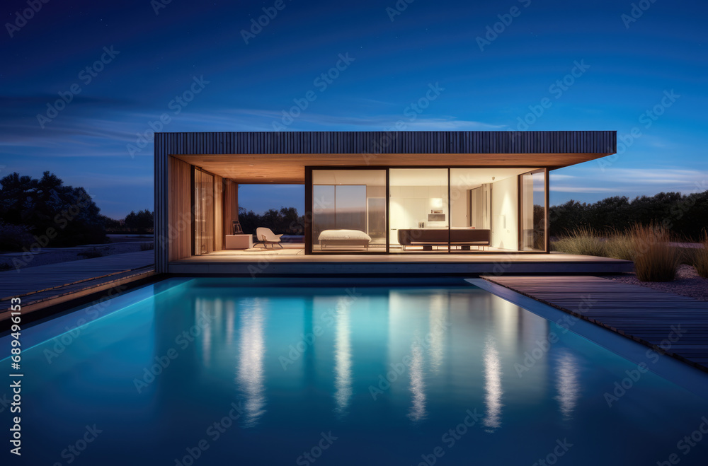 Fototapeta premium Evening photo of a modern villa with infinity pool