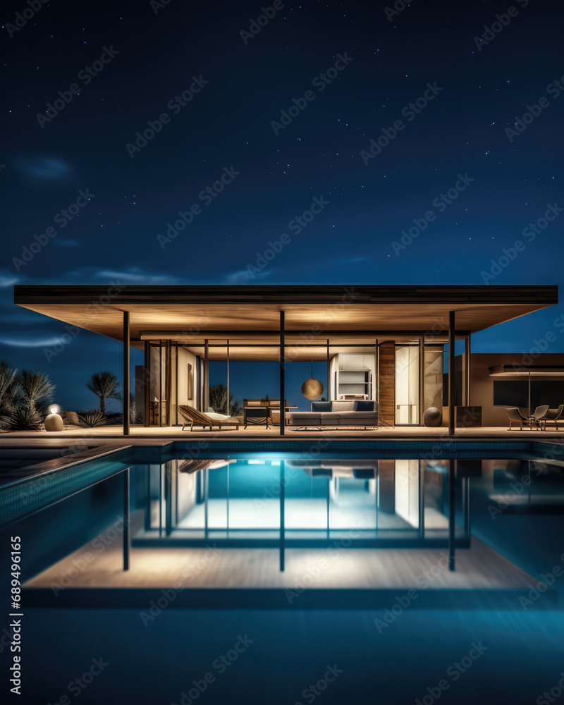 Fototapeta premium Evening photo of a modern villa with infinity pool