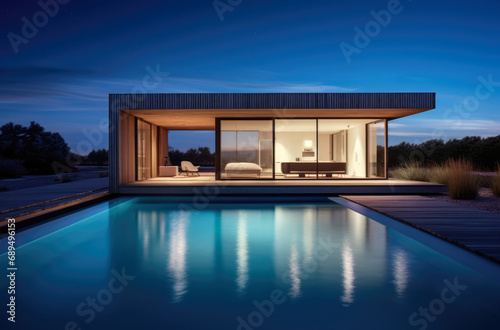 Evening photo of a modern villa with infinity pool © JuanM