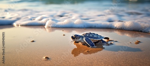 Baby sea turtle entering the ocean from a Costa Rican sandy beach.