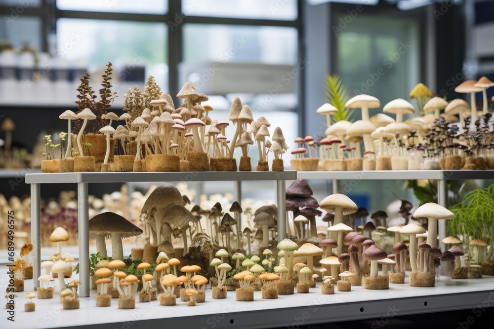 Mushroom display in a shop window, shallow depth of field, a variety of mushroom species growing on different substrates in a lab, AI Generated