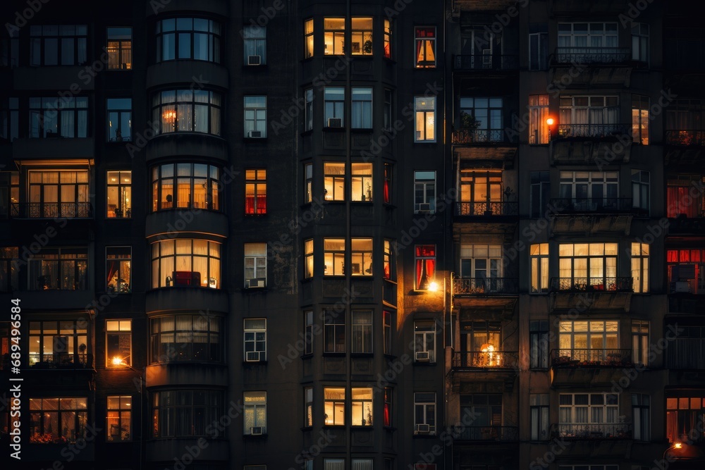 Night view of the windows of a residential building in the city, A photo of a night city, an apartment building, lots of windows glowing in the night, AI Generated