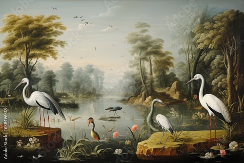 Chinese painting on the wall of a temple in the park, Thailand, A shallow river with transparent water and a group of herons hunting for fish, AI Generated photo