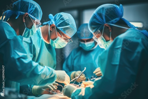 group of veterinarian surgery in operation room take with art lighting and blue filter, A team of surgeons in protective glasses uses laparoscopic tools during the surgical operation, AI Generated photo