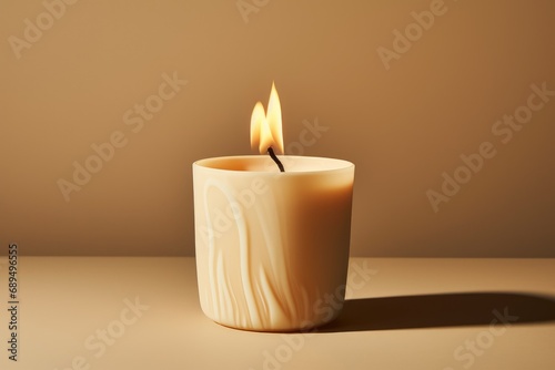 Burning candle in a glass on a beige background with shadow, A vanilla scented candle is being burned on a beige background, AI Generated