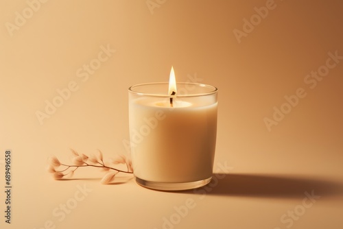 Burning candle on table on color background, closeup. Space for text, A vanilla scented candle is being burned on a beige background, AI Generated