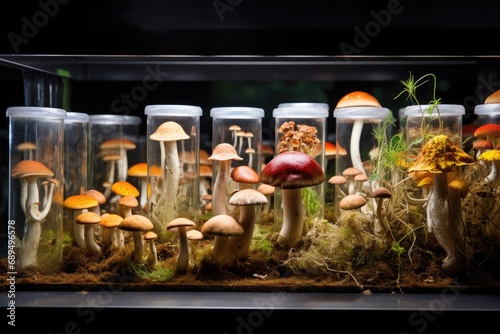 Mushrooms in a glass jar on a shelf in a store, a variety of mushroom species growing on different substrates in a lab, AI Generated